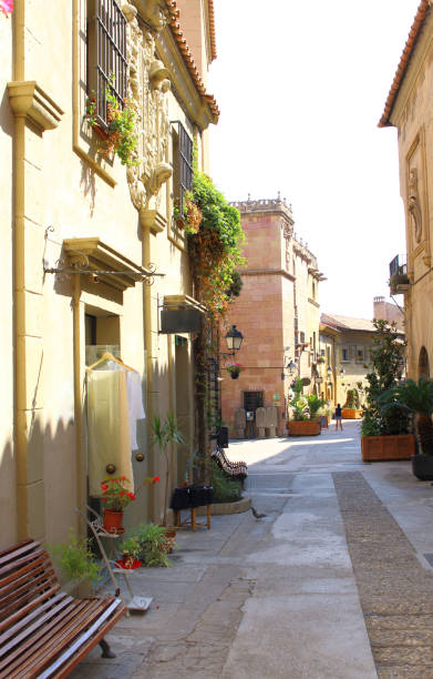 istock traditional old spanish street with brick wall houses. 867903802