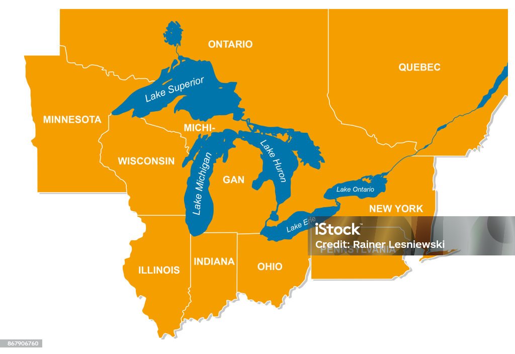 Graphic of the North American great lakes and their neighboring countries Vector graphic of the North American great lakes and their neighboring countries Great Lakes stock vector