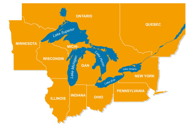Graphic of the North American great lakes and their neighboring countries Vector graphic of the North American great lakes and their neighboring countries midwest usa stock illustrations