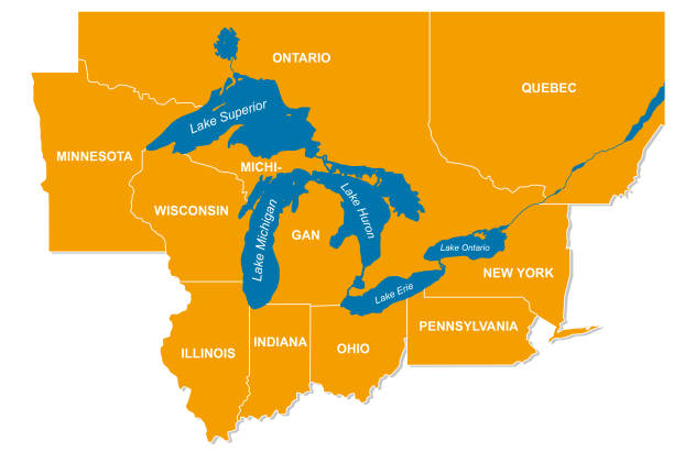 Graphic of the North American great lakes and their neighboring countries Vector graphic of the North American great lakes and their neighboring countries ontario canada stock illustrations