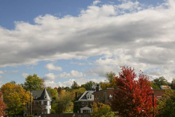 The tops of a few buildings catch the light above the red and green leafy tree line.  Blue sky and a strip of white puffy clouds hang above.  Day is clear and bright.  Burlington Vermont.  Downtown.  Fall 2017