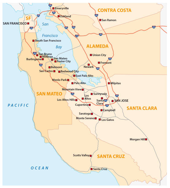 обзорная карта калифорнийской силиконовой долины, сша - map san francisco bay area california cartography stock illustrations