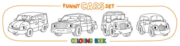 Vector illustration of Funny small city cars with eyes. Coloring book set