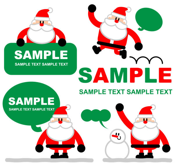 wesołych świąt i nowego roku kartka z życzeniami, cute santa claus gospodarstwa blank sign z bałwankiem - arms raised green jumping hand raised stock illustrations