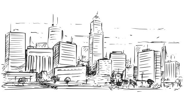 Sketchy Drawing of City High Rise Landscape Vector cartoon sketchy drawing of city high rise cityscape landscape with skyscraper buildings. panoramic illustrations stock illustrations