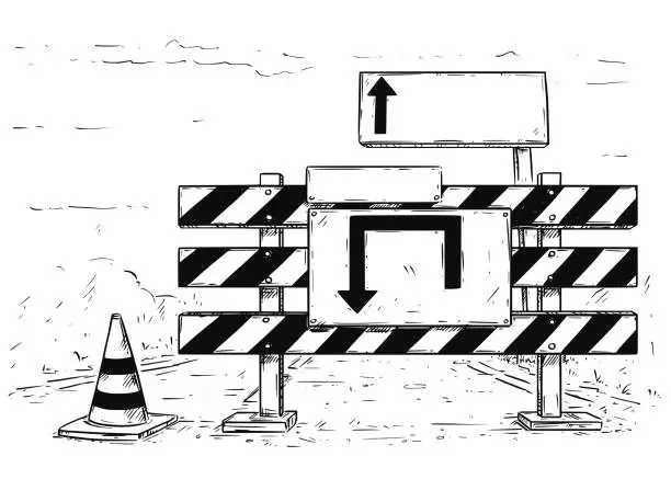 Vector illustration of Drawing of Detour Road Block with Empty Blank Sign