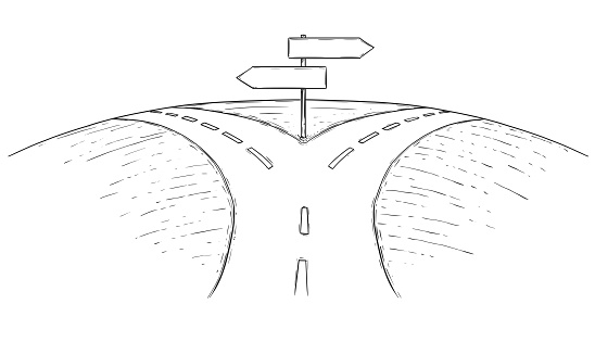 Vector drawing of fork in the road with empty blank decision arrow signs.