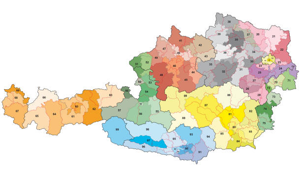 illustrazioni stock, clip art, cartoni animati e icone di tendenza di mappa dei codici postali austriaci a 2 cifre - vorarlberg