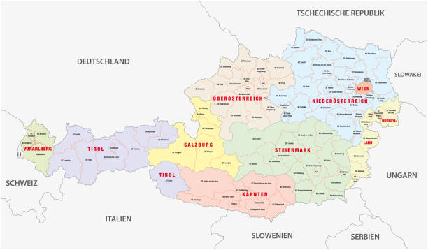 illustrazioni stock, clip art, cartoni animati e icone di tendenza di mappa amministrativa dell'austria in lingua tedesca - vorarlberg