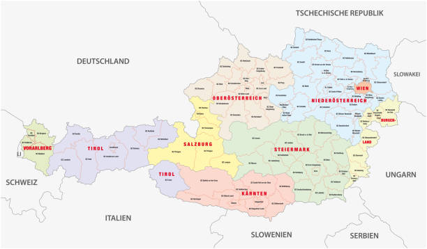 ilustrações, clipart, desenhos animados e ícones de mapa administrativo da áustria em língua alemã - liechtenstein