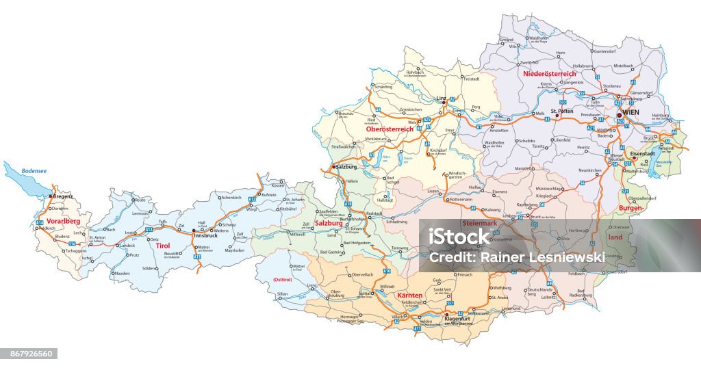 Detailed roads and administrative map of Austria Detailed roads and administrative vector map of Austria Map stock vector