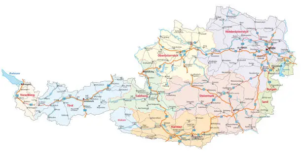 Vector illustration of Detailed roads and administrative map of Austria