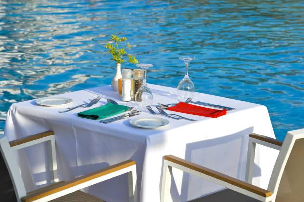 Served tables of the restaurant on the beach.