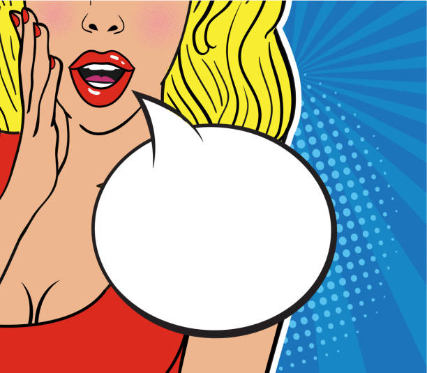 Sexy surprised blond girl in red dress on striped blue background. Comic speech empty bubble with halftone. Colorful vector illustration of woman face, vintage comics design, pop art style background. blond hair illustrations stock illustrations