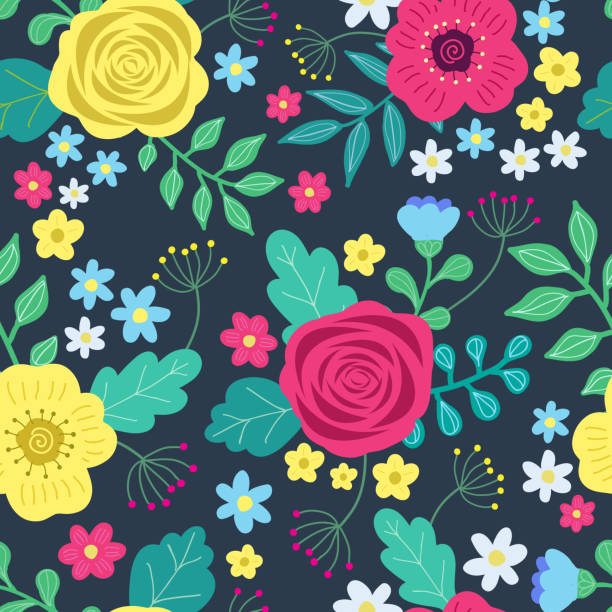 Floral colorful seamless pattern with red and yellow roses and blue flowers and green leaves on dark background. Ditsy print. Vector illustration blue rose against black background stock illustrations