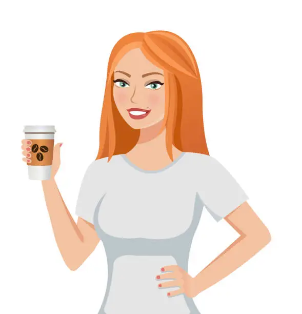 Vector illustration of Pretty cute redhead smiling girl holding a paper coffee cup template isolated on white background.