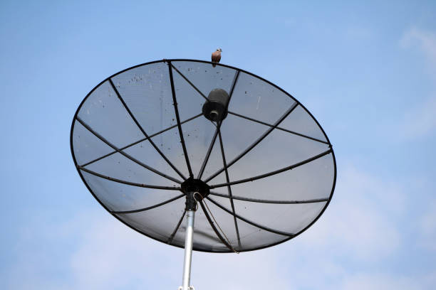 istock Satellite dish television on blue sky background. 867975686