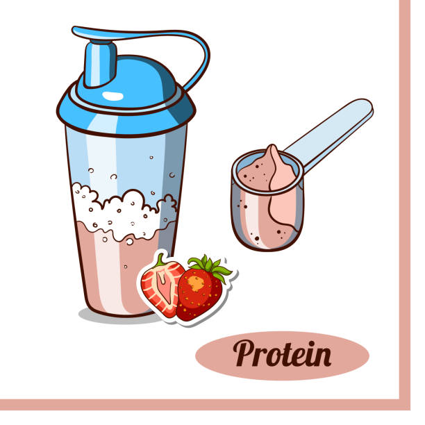 ilustrações de stock, clip art, desenhos animados e ícones de scoop_protein_shaker_strawberry - body building milk shake protein drink drink