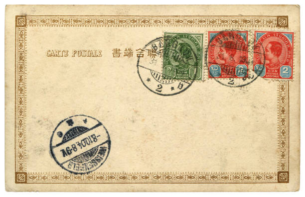 istock vintage postcard with postmarks and blank content sent from Bangkok, Thailand in 1907, a very good background for any usage of the Thai historic postcard communications. 867981904