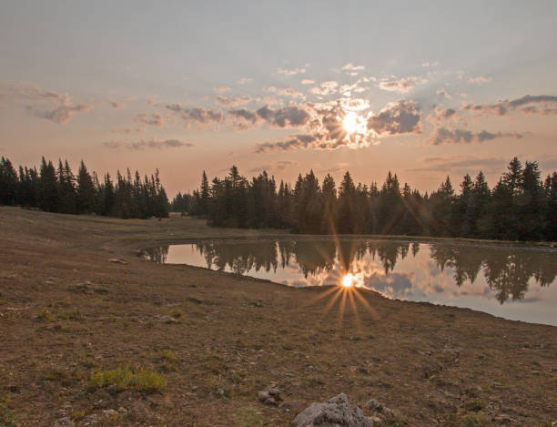 salida del sol sobre el caballo salvaje agua agujero al amanecer en la pryor montañas wild horse gama en estados unidos montana - montana water landscape nature fotografías e imágenes de stock