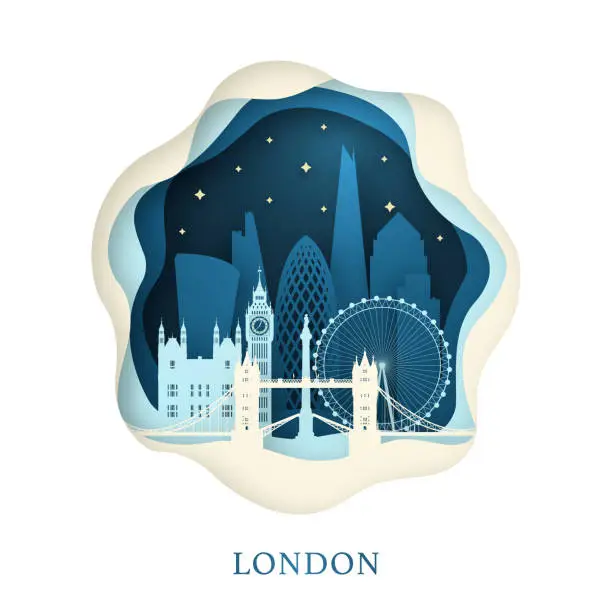 Vector illustration of Paper art of London. Origami concept. Night city with stars. Vector illustration.