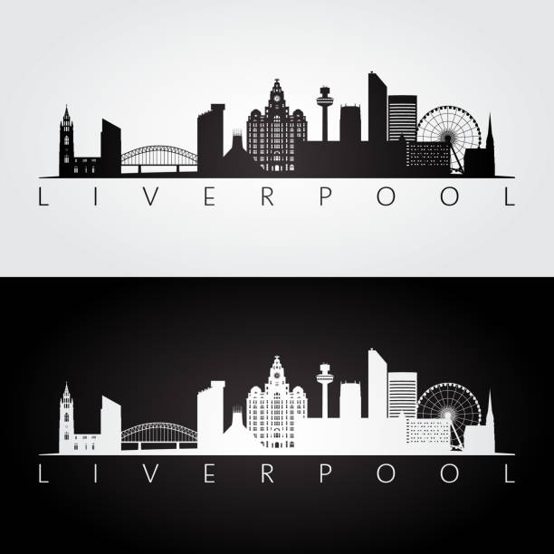 ilustrações de stock, clip art, desenhos animados e ícones de liverpool skyline and landmarks silhouette, black and white design, vector illustration. - liverpool