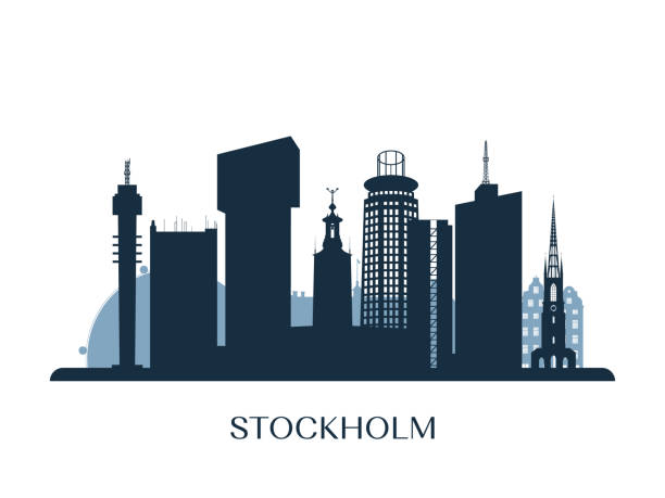 bildbanksillustrationer, clip art samt tecknat material och ikoner med stockholm skyline, svartvit siluett. vektorillustration. - stockholm