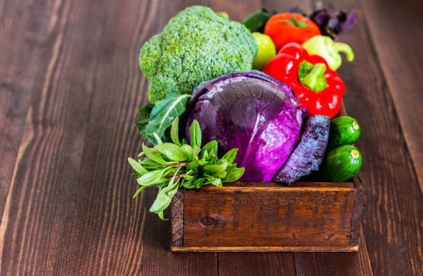 istock Fresh vegetables red cabbage and broccoli, cucumbers and peppers, tomatoes and basil 867988982