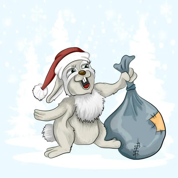 Vector illustration of a rabbit in a santa hat with a bag of gifts