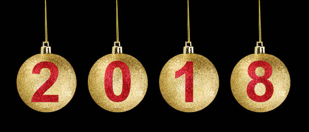 istock Gold glitter ball hanging isolated on dark black background and red text 2018 object for holiday happy new year merry christmas 867997608