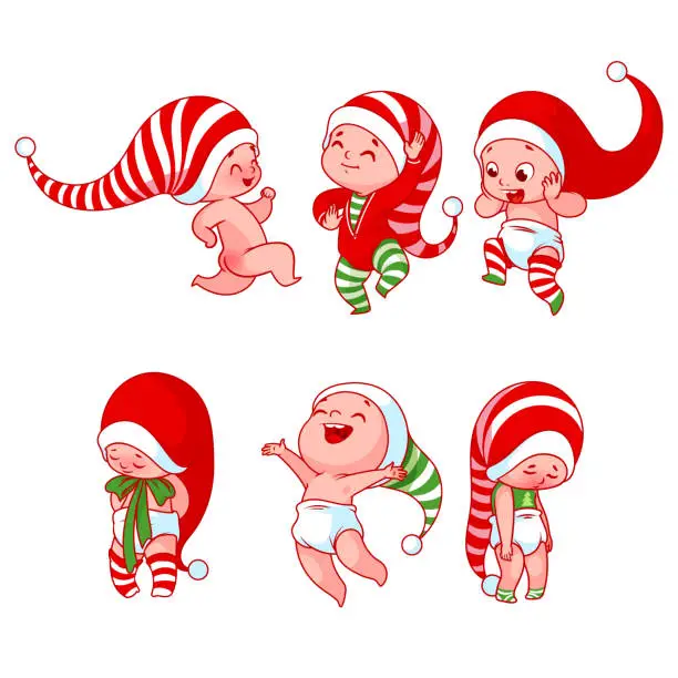 Vector illustration of Christmas babies with different emotions in various festive costumes.