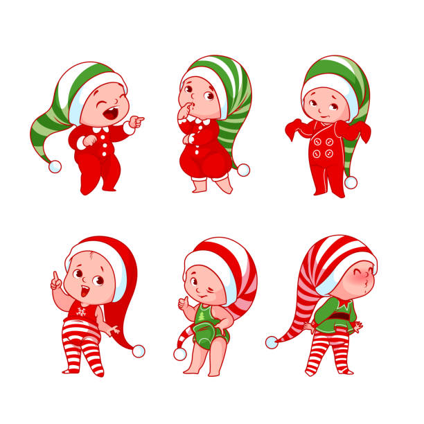 illustrations, cliparts, dessins animés et icônes de bébés de noël avec des émotions différentes dans divers costumes de fêtes. - elf babies and children feelings and emotions holidays and celebrations