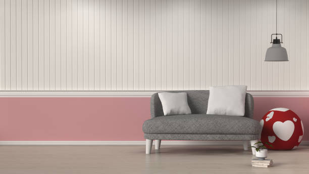 prosty salon szara sofa i walentynkowe serce poduszka dekoracji pokoju z lampą wnętrze tła 3d ilustracji przed białym i różowym wystroju wnętrza ściany - cherry valentine zdjęcia i obrazy z banku zdjęć