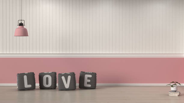 walentynkowa dekoracja poduszki miłości w pustym pokoju z lampą przed białą i różową ścianą wystrój wnętrz 3d ilustracja prosty salon - cherry valentine zdjęcia i obrazy z banku zdjęć