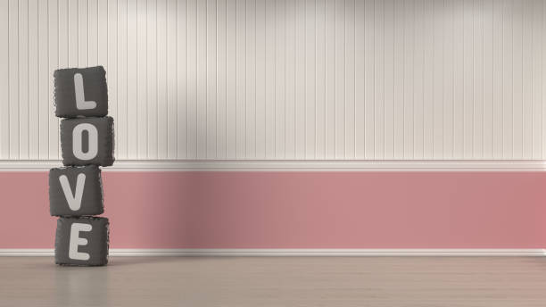 walentynkowa dekoracja poduszki miłości w pustym pokoju 3d ilustracja prosty salon i biały i różowy wystrój wnętrz ściany - cherry valentine zdjęcia i obrazy z banku zdjęć