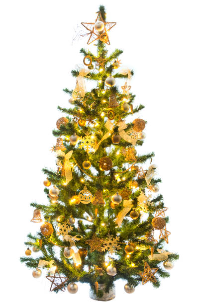 istock Christmas tree decorated with golden color with the light on a white background. 868005558