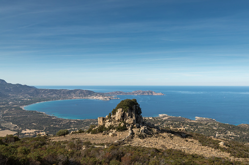 Trees growing on a rocky outcrop in the hills above the abandoned village of Occi near Lumio in the Balagne region of Corsica with the citadel of Calvi and Revellata in the distance under a blue sky