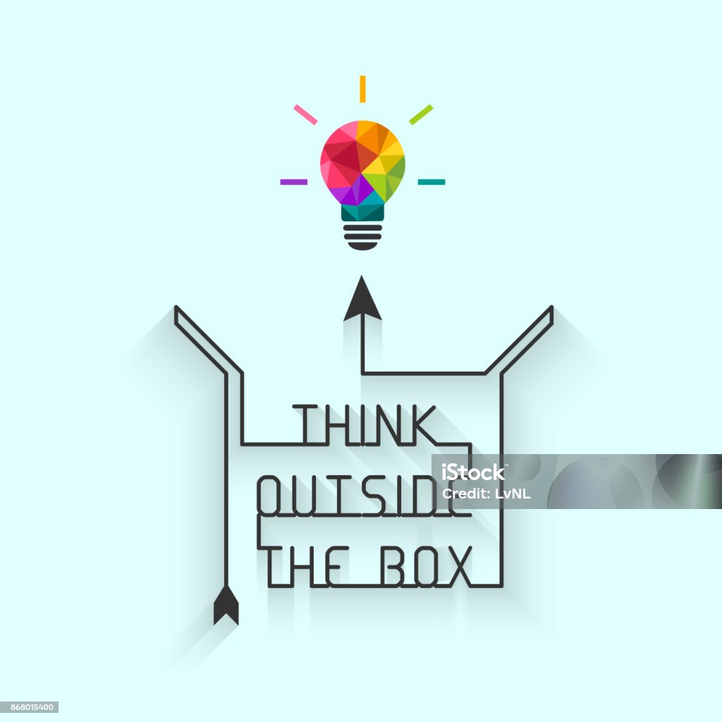 Think outside the box concept Think outside the box concept with saying and colorful lightbulb Innovation stock vector