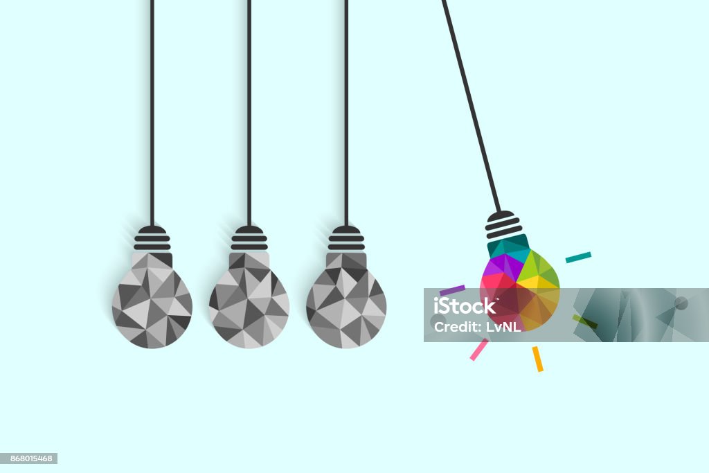 Newton's cradle pendulum concept with lightbulbs Newton's cradle pendulum with hanging light bulbs as idea and creativity concept. Colorful bulb among plain grey ones. Newton's Cradle stock vector