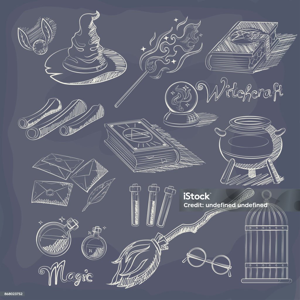 Chalk Set of Magic Chalk Set of Magic Related Vector elements. Contains such elements as wizard, hat, magic book, broom, crystal ball, Effect and more. Elements for computer game, web, illustration, decorating. Chalk Word Art On Blackboard. Crystal Ball stock vector