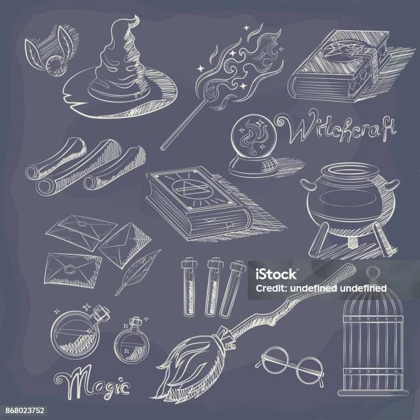 Chalk Set Of Magic Stock Illustration - Download Image Now - Crystal Ball, Alchemy, Biological Cell