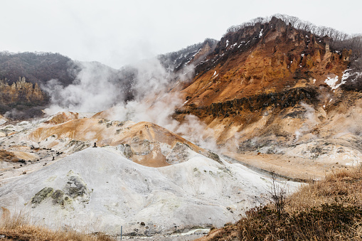 Noboribetsu Jigokudani (Hell Valley): The volcano valley got its name from the sulfuric smell, extremely high heat and steam spouting out of the ground in Hokkaido, Japan.