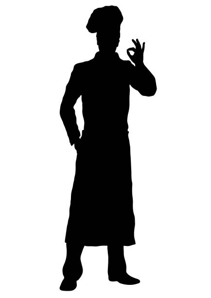 Cook vector silhouette, outline chef standing front side full-length, contour portrait male young human in a chef s form, toque, in an apron, isolated on white background, monochrome illustration Cook vector silhouette, outline chef standing front side full-length, contour portrait male young human in a chef's form, toque, in an apron, isolated on white background, monochrome kitchen silhouettes stock illustrations