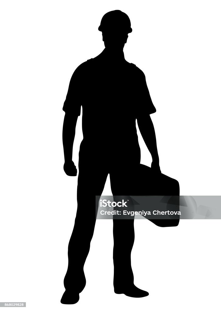 Builder vector silhouette, outline male workman repairman standing front side full-length, contour portrait human in coveralls, with a suitcase for tools in hand, isolated on white background Builder vector silhouette, outline male workman repairman standing front side full-length, contour portrait human in coveralls, with a suitcase for tools in hand, isolated on white Construction Worker stock vector