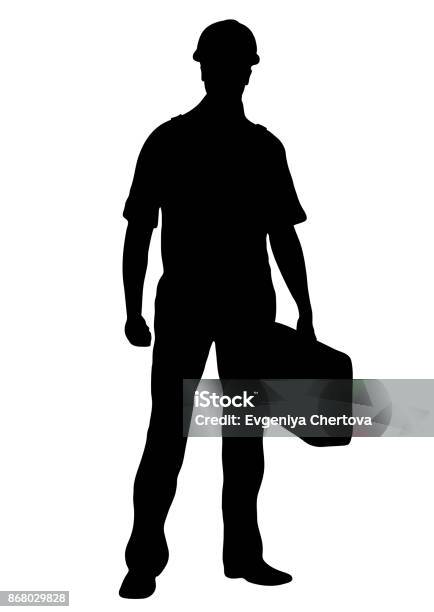Builder Vector Silhouette Outline Male Workman Repairman Standing Front Side Fulllength Contour Portrait Human In Coveralls With A Suitcase For Tools In Hand Isolated On White Background Stock Illustration - Download Image Now