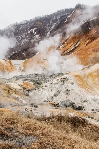 Photo of Noboribetsu Jigokudani (Hell Valley): The volcano valley got its name from the sulfuric smell, extremely high heat and steam spouting out of the ground in Hokkaido, Japan.