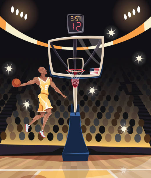 ilustraciones, imágenes clip art, dibujos animados e iconos de stock de jugador de baloncesto dunking en arena de baloncesto - basketball basketball player shoe sports clothing