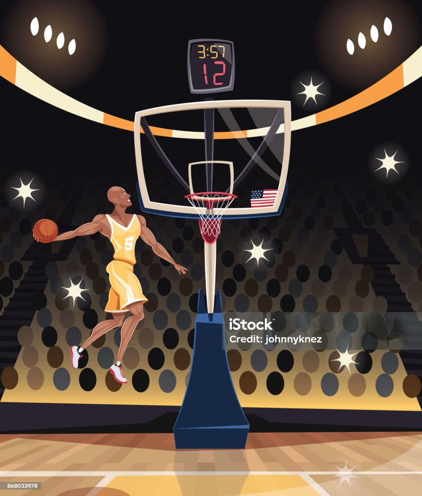 Basketball player dunking in basketball arena Basketball - Sport stock vector