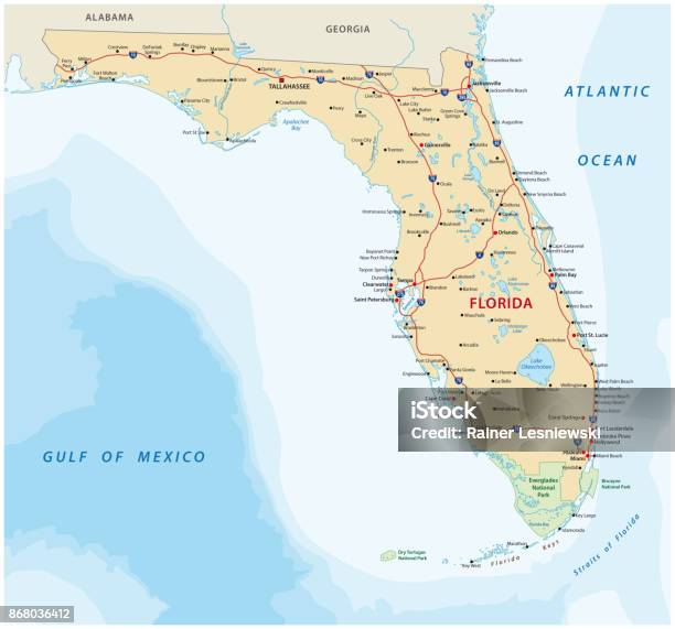 Floridastraßenkarte Mit Nationalparks Stock Vektor Art und mehr Bilder von Karte - Navigationsinstrument - Karte - Navigationsinstrument, Florida - USA, Miami