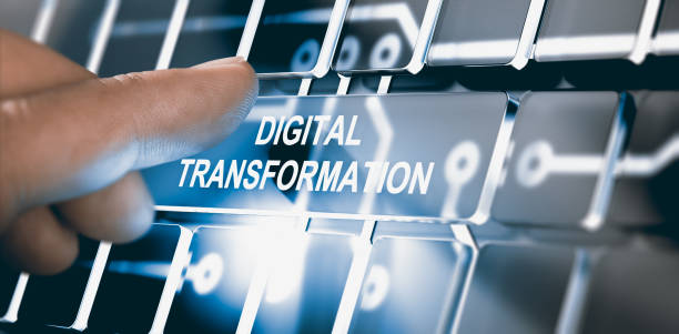 Digitalization, Digital Transformation Concept Finger pressing a digital button with the text digital transformation. Concept of digitalization of business processes. Composite between a photography and a 3D background. Horizontal image dx stock pictures, royalty-free photos & images